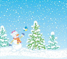 Winter background with a funny toy snowman friendly smiling and playing with a merry small bird near a pretty green fir in a snowy park on a cold winter day, vector cartoon