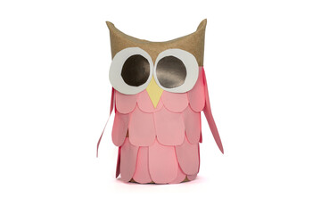 The invention and decoration of items from empty toilet paper roll and color paper is owl isolated...