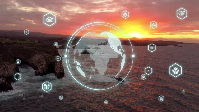 Environmental technology and innovation Sustainable development green technologies futuristic planet earth. Aerial ocean cliff at sunset