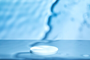 Abstract minimal nature scene - empty stage and circle podium on blue background with soft water...