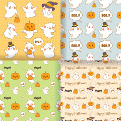 collection of cute little ghost cartoon character illustration with seamless pattern set.