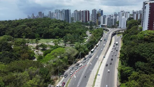 salvador, bahia, brazil - november 10, 2021: aerial view of vehicle movement along the construction of an exclusive lane for vehicles of the BRT transport system in the city of Salvador.