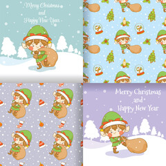 collection of cute elf cartoon with seamless pattern set. christmas and happy new year greeting.
