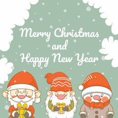 cute santa gnome and snowman with christmas and new year greeting banner