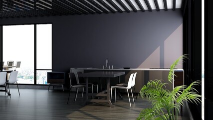 office pantry or kitchen room 3d render interior design for company wall logo mockup