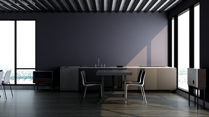 office pantry or kitchen room 3d render interior design for company wall logo mockup