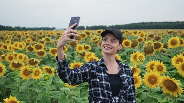 Countryside, woman farmer standing in a field of sunflowers and takes selfie pictures on a smartphone, investigating plants, 4k slow motion.