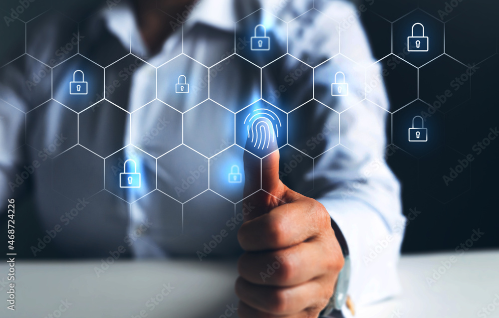 Poster businessman using fingerprint scanning provides security of access with biometric identification. mo
