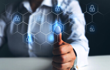 Businessman using fingerprint scanning provides security of access with biometric identification. Modern technology against digital cyber crime.