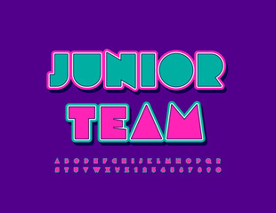 Vector funny sign Junior Team. Bright Kids Font. Sticker style set of Alphabet Letters and Numbers