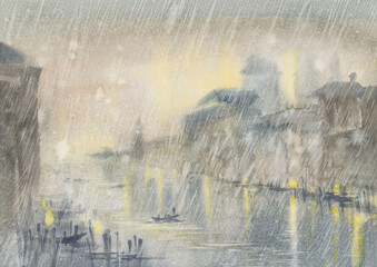 Grand canal in Venice in the rain watercolor background