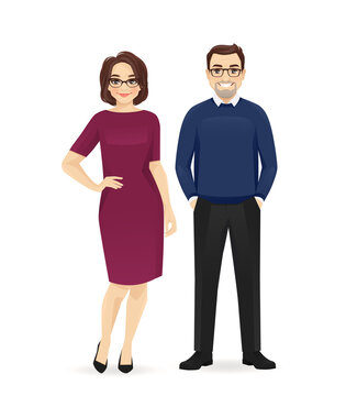 Business team. Casual mature business man and woman standing isolated vector illustration