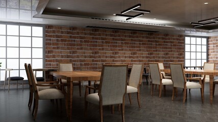 restaurant 3d design interior with brick wall mockup