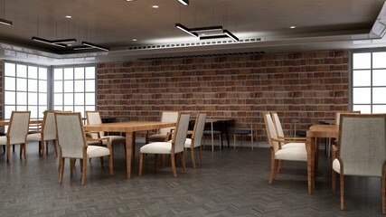 restaurant 3d design interior with brick wall mockup