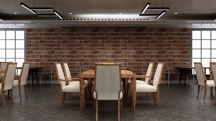 restaurant 3d design interior with brick wall mockup