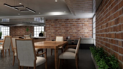 restaurant 3d design interior with brick wall mockup