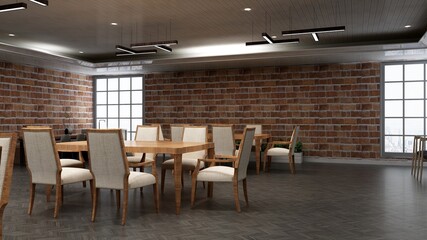 Fototapeta na wymiar restaurant 3d design interior with brick wall mockup