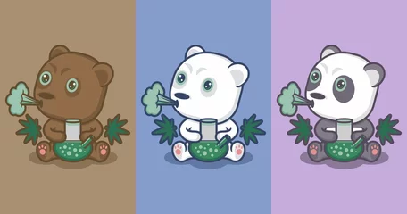 Fotobehang polar bear and cute cartoon panda smoking weed. vector illustration for mascot logo or sticker © gilar