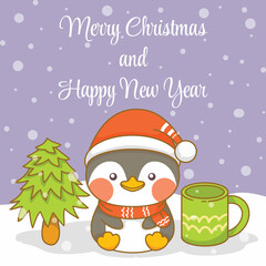 Cute penguin with christmas and new year greeting banner