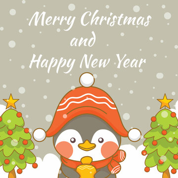 Cute penguin with christmas and new year greeting banner