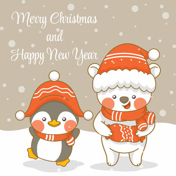 Cute penguin and polar bear with christmas and new year greeting banner