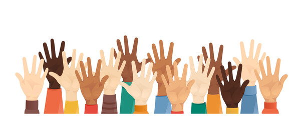 Fototapeta premium Group of multiethnic diverse hands raised in different clothes and skin color vector illustration isolated