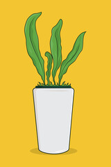illustration of a three-leaf fern in a long white pot on a yellow background