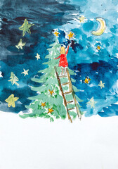 Children's drawing. Girl decorates christmas tree against night sky with stars and moon, the picture is painted in gouache