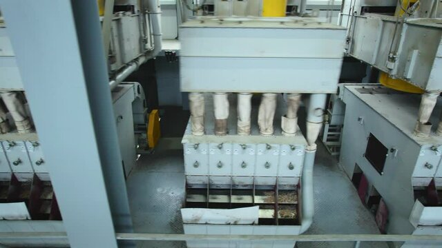 An enterprise for the production of sunflower oil. In the workshop, the husks are separated from the kernels.