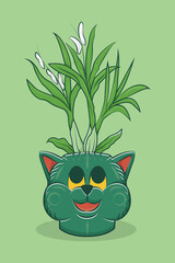 Illustration of a moon orchid plant in a pot in the shape of a cat's head on a lime green background