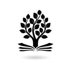 Black open book with tree icon with shadow