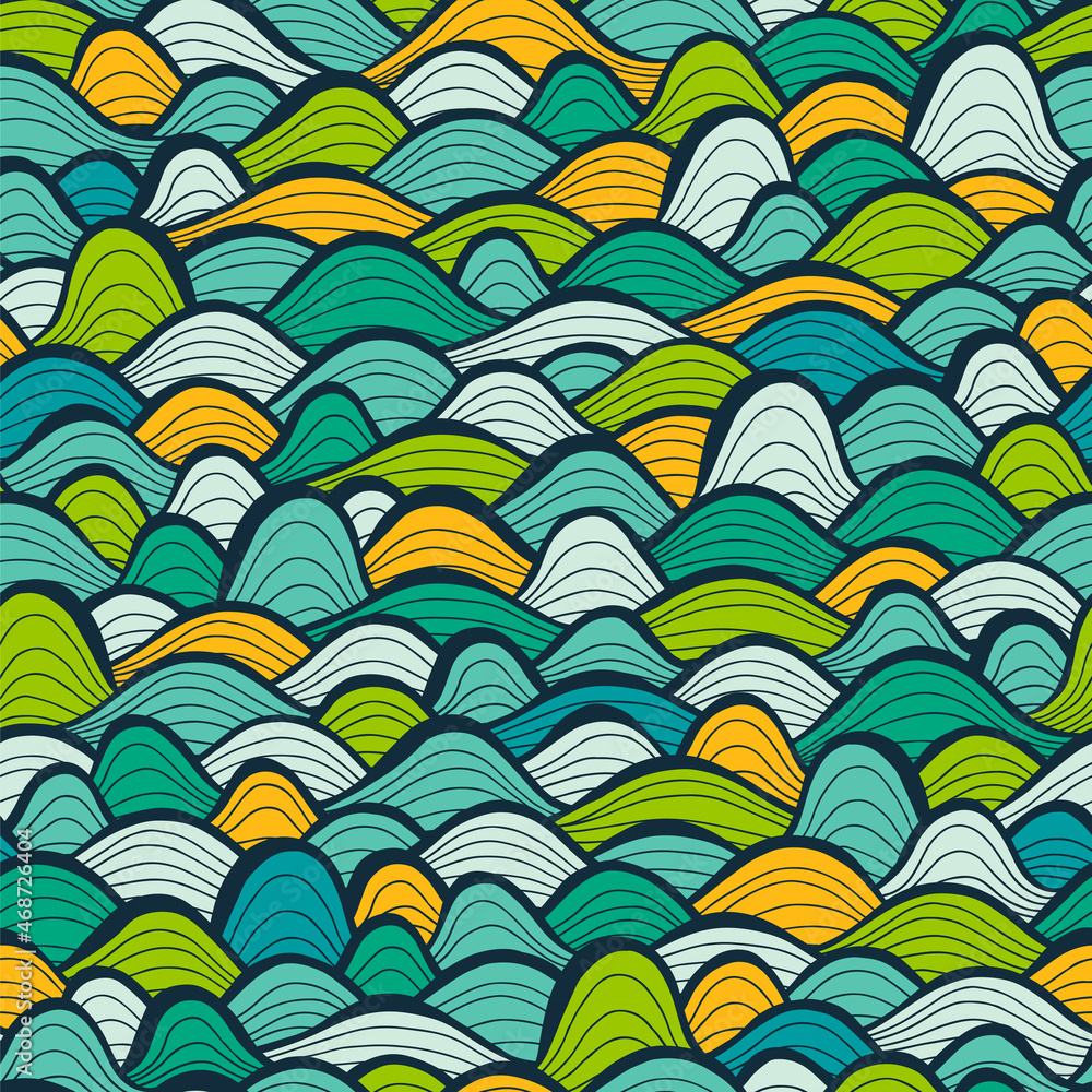 Poster seamless waves pattern, vector background with hand drawn design elements