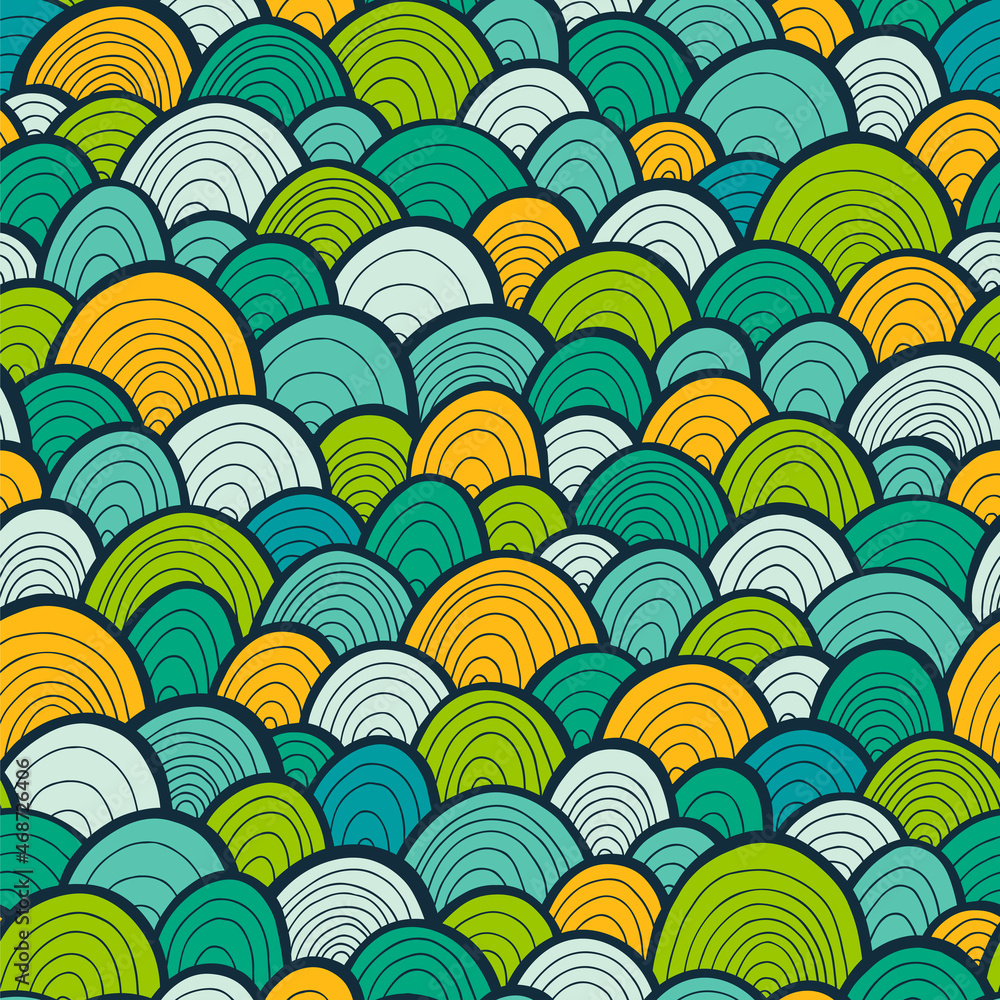 Poster seamless waves pattern, vector background with hand drawn design elements