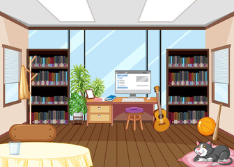 Empty library interior design with bookshelves