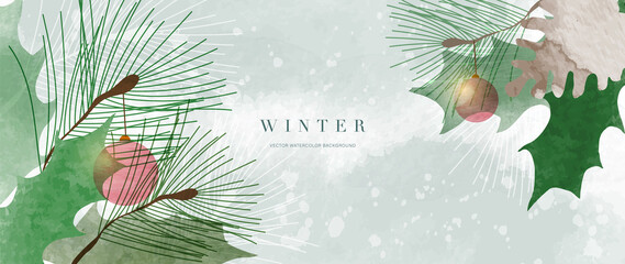 Winter background vector. Hand painted watercolor and gold brush texture, Flower and botanical leaves hand drawing. Abstract art design for wallpaper, wall arts, cover, wedding and  invite card.  
