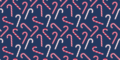 Christmas and Happy New Year seamless pattern Vector with Christmas candy cane. Trendy retro style. Vector design template. Vector illustration for fabric, wallpaper, wrapping paper, craft, texture.