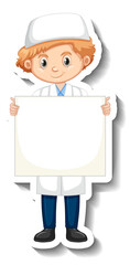 Scientist muslim boy holding empty board sticker