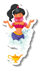 Genie lady coming out of magic lamp cartoon character sticker