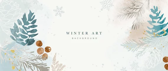 Fotobehang Winter background vector. Hand painted watercolor and gold brush texture, Flower and botanical leaves hand drawing. Abstract art design for wallpaper, wall arts, cover, wedding and  invite card.    © TWINS DESIGN STUDIO