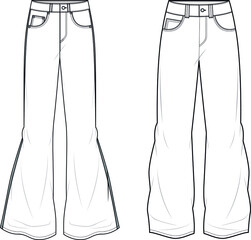 women and men flared bell bottom five pocket boot cut jeans flat sketch vector illustration 