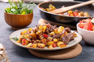 Fried potatoes with meat and mushrooms, simple homemade food.