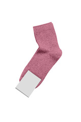 Pair of new pink socks with unbranded mockup label tag isolated on white background.