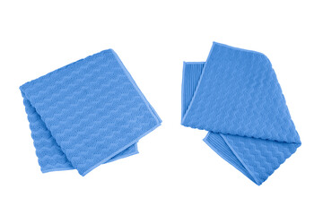 Set of blue folded microfiber towel isolated on white background, top view.