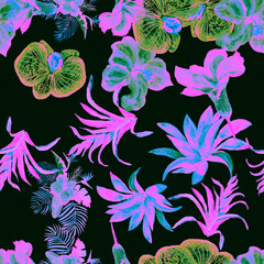 Gray Hibiscus Texture. Purple Flower Plant. Pink Watercolor Backdrop. Green Floral Backdrop. Seamless Jungle. Pattern Decor.Tropical Leaves. Nature Print.