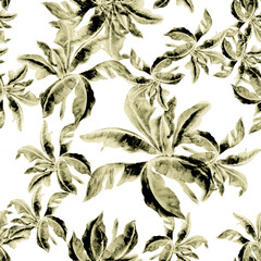 White Banana Leaf Foliage. Brown Isolated Background. Seamless Texture. Pattern Illustration. Watercolor Illustration. Tropical Print. Botanical Texture. Vintage Leaves.