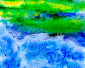 Abstract watercolor background. Blue, green. Northern Lights, sea, wave.