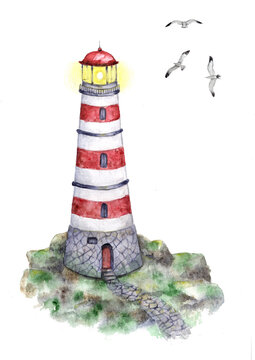 Hand drawn watercolor illustration with lighthouse and seagulls.