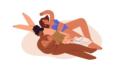 Women in bikini with different figures, races, skin and hair colors. Body positive diverse multiracial models in swimwear. Diversity concept. Flat vector illustration isolated on white background