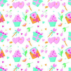 Seamless vector pattern with heart, gift box, candy, key, rose, flowers, ring, envelope with a letter, muffin on a white background. Background for Valentine's Day.