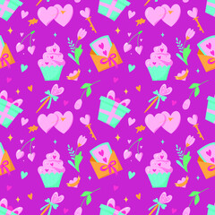 Seamless vector pattern with heart, gift box, candy, key, rose, flowers, ring, envelope with a letter, muffin on a pink background. Background for Valentine's Day.